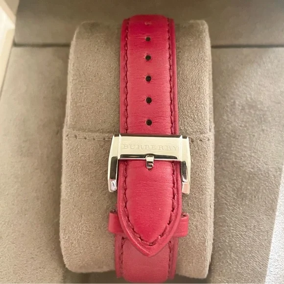 New Burberry BU9129 Silver Dial Red Leather Women's Watch